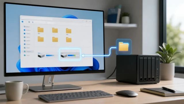 A bright editorial Windows workspace showing a shared folder connection becoming a mapped drive in File Explorer.