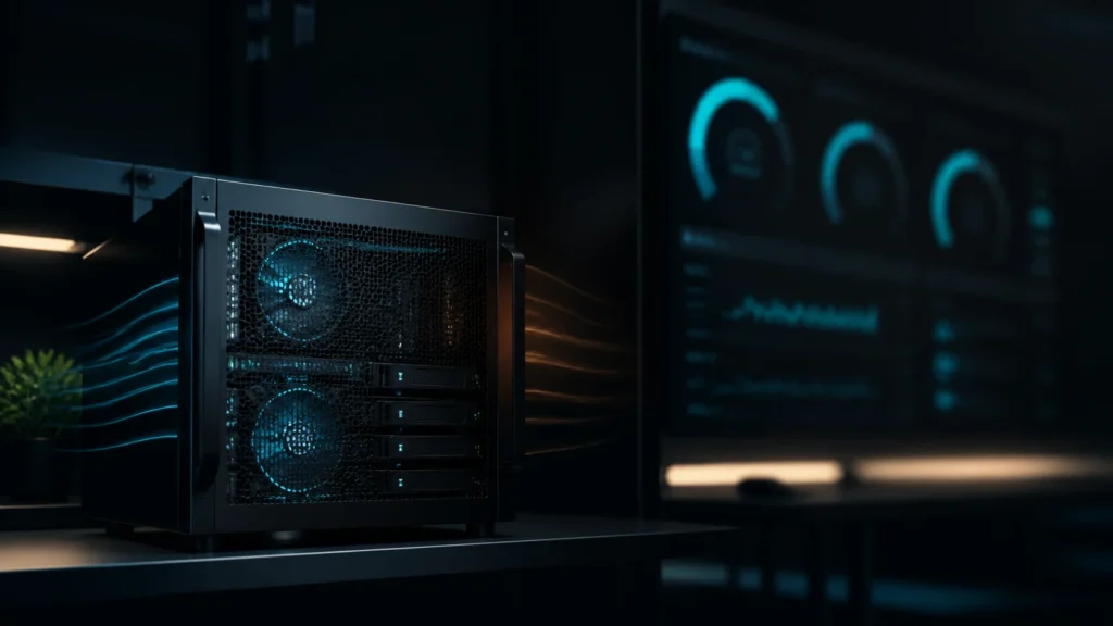 A dark editorial homelab scene showing a compact server beside a refined monitoring display with thermal and fan activity cues.