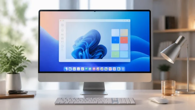 A bright editorial Mac workspace showing a Windows application blending into a macOS environment on an Apple Silicon Mac.