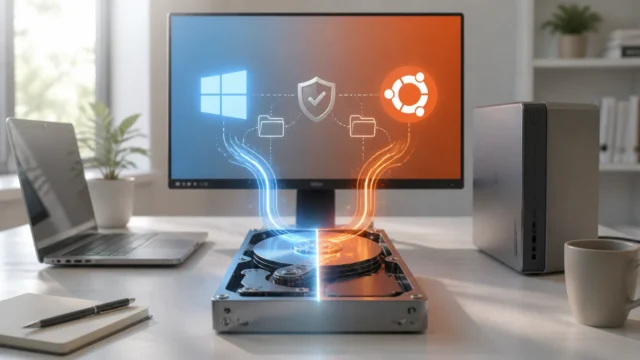 A bright editorial desk scene showing a PC safely split between Windows 11 and Ubuntu in a balanced dual-boot setup.