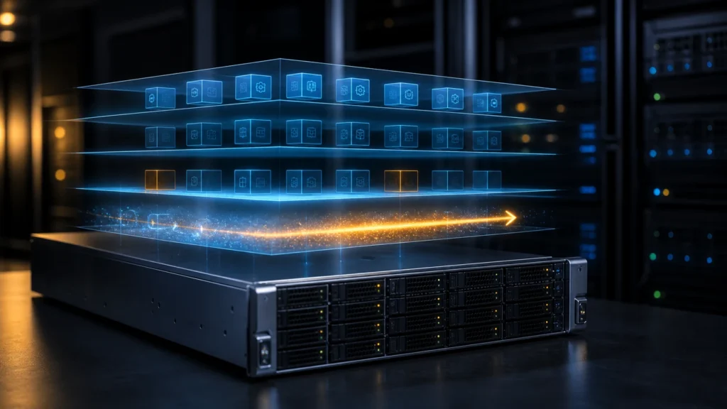 A dark editorial homelab scene showing a virtualization host being carefully updated while guest workloads remain calm above it.