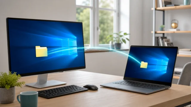 A bright editorial Windows scene showing local file sharing between PCs over a home network.