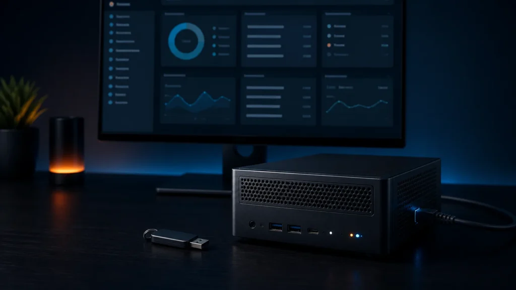 A compact home server connected to a monitor during a Proxmox VE installation.