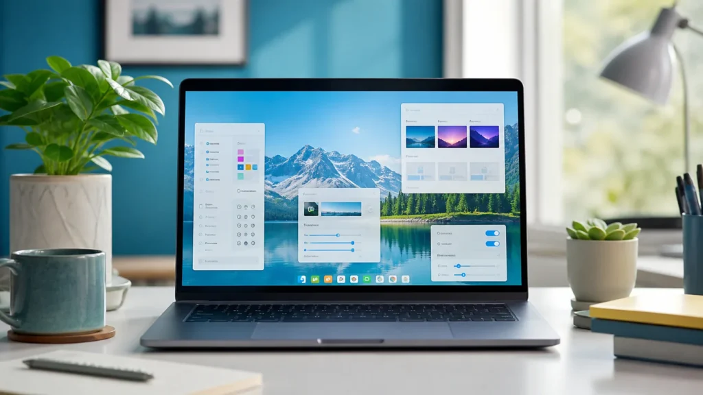 A bright editorial Linux workspace showing a KDE Plasma desktop being customized with panels, widgets, and theme controls.