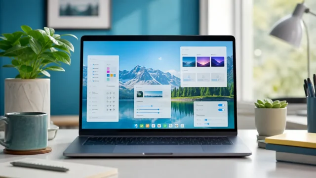 A bright editorial Linux workspace showing a KDE Plasma desktop being customized with panels, widgets, and theme controls.