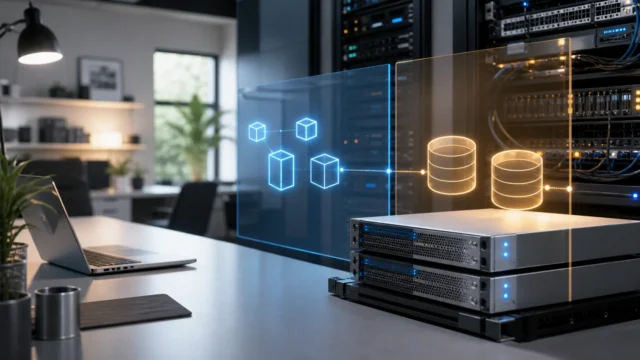 A bright editorial homelab scene showing an application reaching a protected database layer across a private internal network boundary.