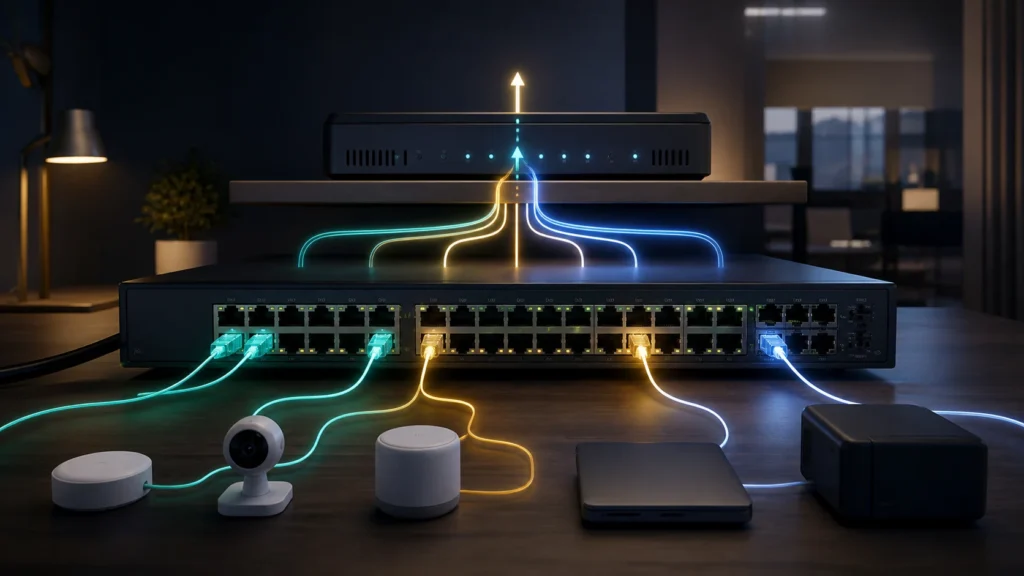 A dark editorial home-network scene showing local switched paths and one higher routing decision layer between VLAN zones.