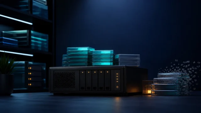 A dark editorial homelab scene showing a Proxmox host with storage layers being carefully sorted and cleaned up.