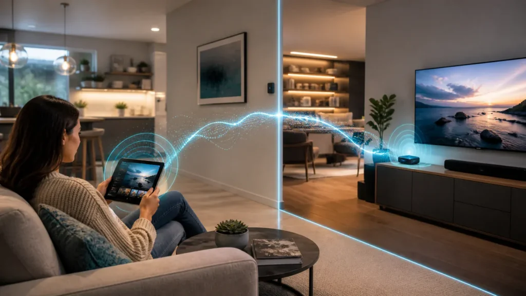 A bright editorial home-network scene showing two VLAN-like zones with a subtle discovery bridge between a mobile device and a streaming receiver.