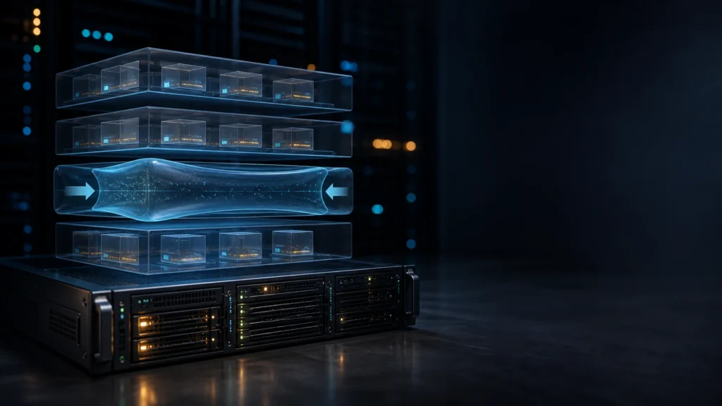 A dark editorial virtualization scene showing a host and guest layers with one memory reservoir flexing under pressure.