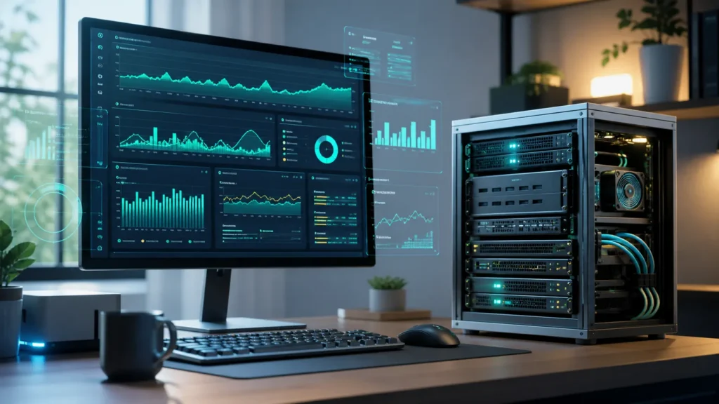 A bright editorial homelab scene with compact servers and a polished monitoring dashboard display.