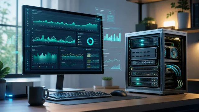 A bright editorial homelab scene with compact servers and a polished monitoring dashboard display.