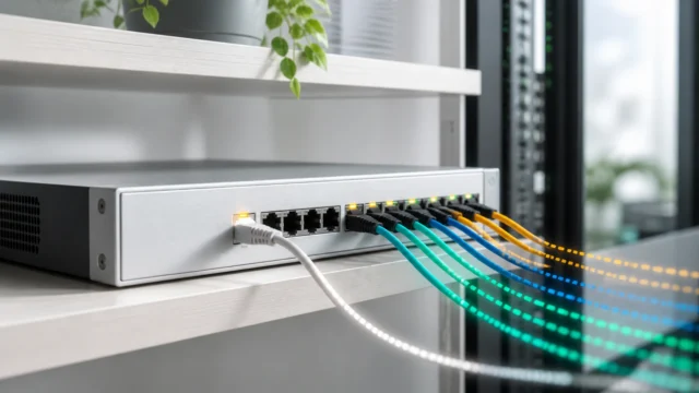 A bright editorial network scene showing a managed switch with one subtle untagged trunk path separated from several tagged VLAN paths.