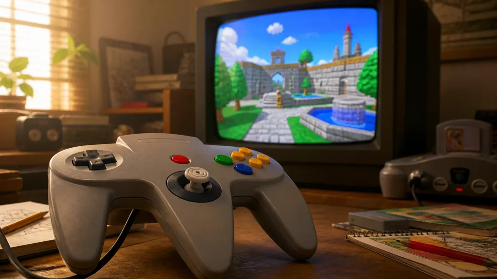 A classic Nintendo 64 controller with focus on its central analog stick beside a CRT showing a colorful low-polygon 3D game world.