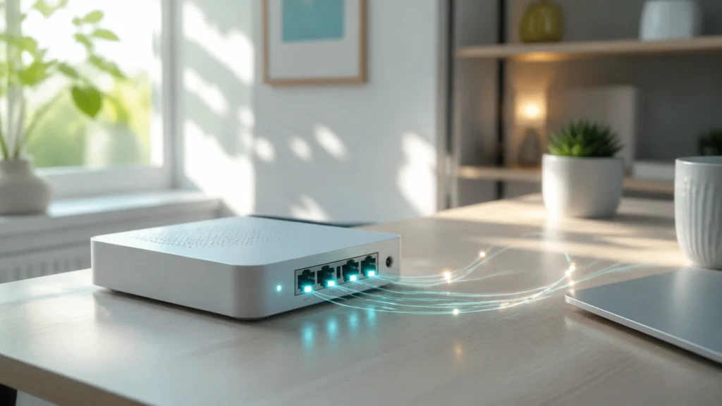 A dark editorial home-network scene showing a modest router becoming more capable and intentional after an OpenWrt-style upgrade.