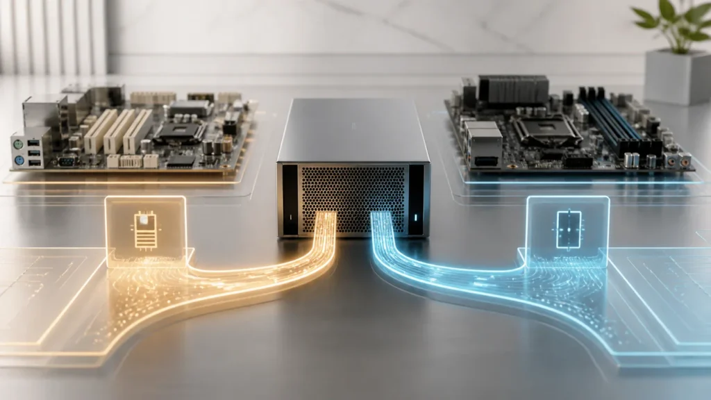 A refined virtualization scene showing one VM boot path splitting into a legacy firmware path and a modern UEFI path.
