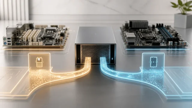 A refined virtualization scene showing one VM boot path splitting into a legacy firmware path and a modern UEFI path.