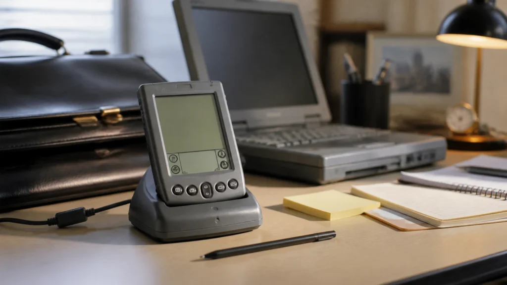A PalmPilot-style handheld in its sync cradle beside a desktop workspace with a stylus and paper notes.