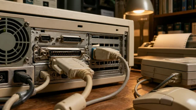 The back of a beige 1990s PC showing chunky serial and parallel connectors with thick cables attached.