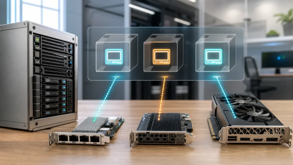 A bright editorial virtualization scene showing a NIC, storage controller, and GPU being handed directly into virtual machines.