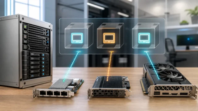 A bright editorial virtualization scene showing a NIC, storage controller, and GPU being handed directly into virtual machines.