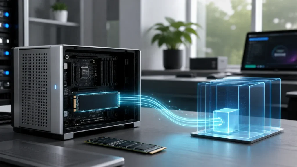 A bright editorial homelab scene showing an NVMe drive being handed directly into a storage virtual machine.