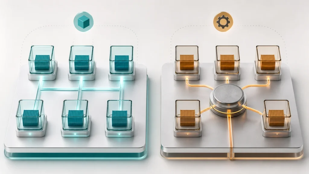 A bright editorial comparison between a daemonless container model and a centralized daemon-based container model.