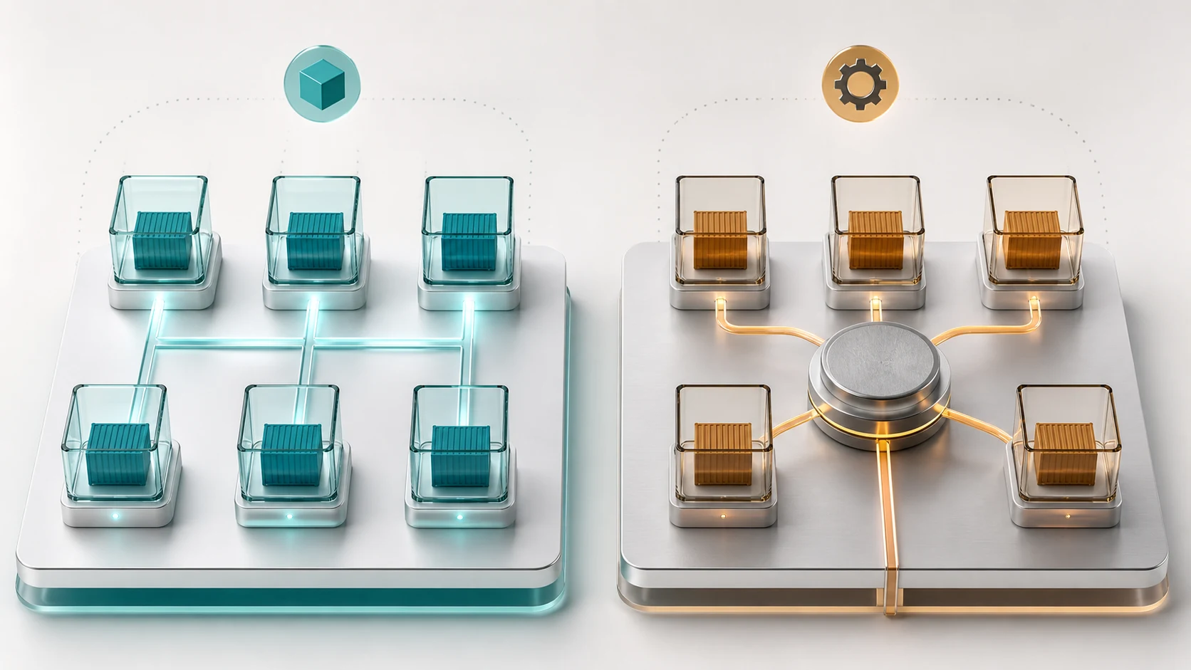 A bright editorial comparison between a daemonless container model and a centralized daemon-based container model.
