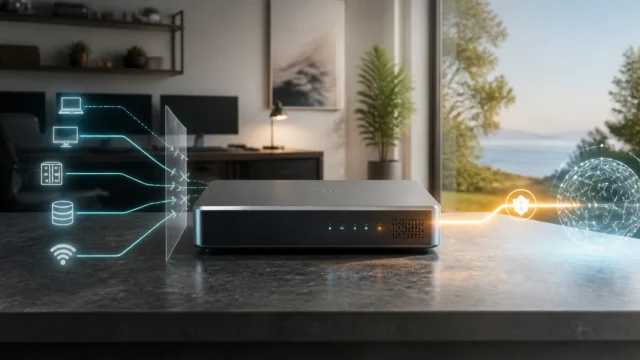 A bright editorial network-edge scene showing one carefully allowed external path leaving a private home network while other paths remain closed.