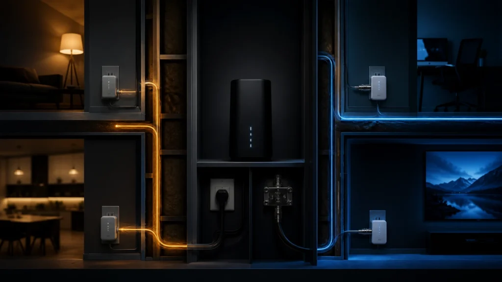A dark editorial home-network scene comparing a powerline path and a coax-based MoCA path extending from one central router.
