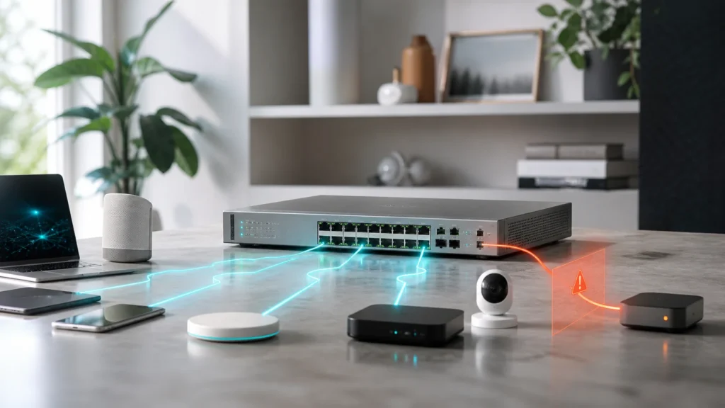 A bright editorial home-network scene showing a central switch or firewall rejecting one suspicious local network path while trusted clients remain stable.