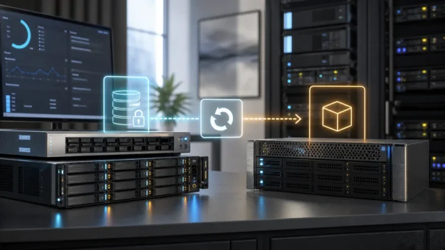 A bright editorial homelab scene showing a backup system restoring a guest into a calm test environment.
