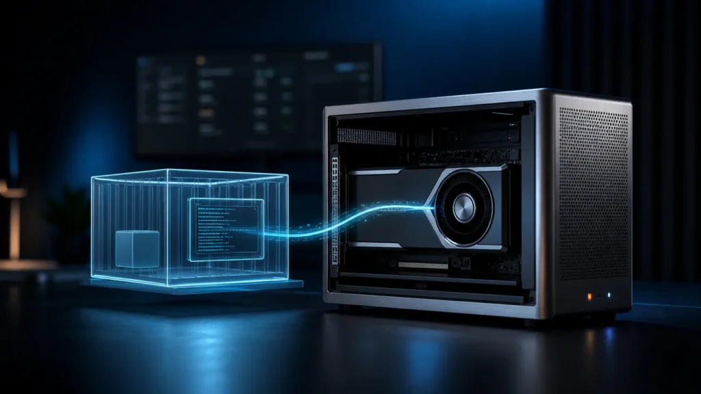 A graphics card in a compact server providing hardware acceleration to a Linux container.