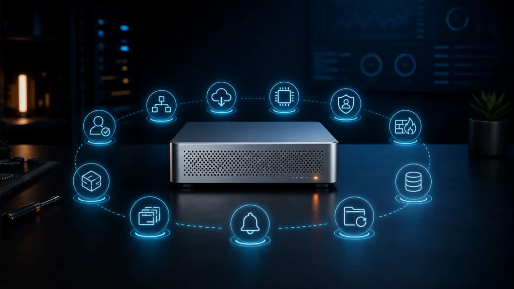 A compact homelab server surrounded by setup checkpoints for networking, security, storage, backups, and monitoring.