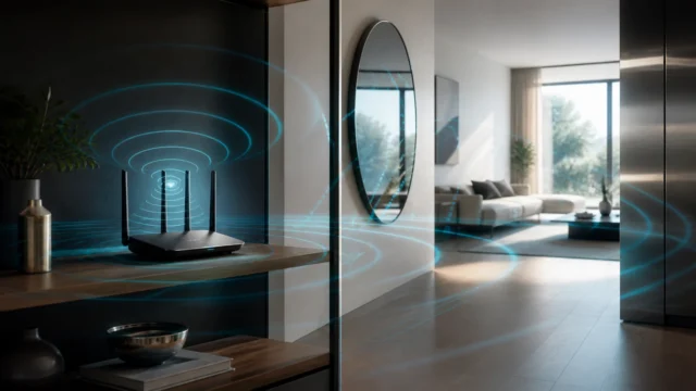 A bright editorial home interior showing a Wi-Fi router on an open shelf with signal waves interacting with walls, a mirror, and nearby objects.