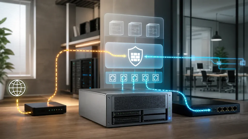 A bright editorial virtualization scene showing a firewall VM on a host with a clearly separated WAN path and structured LAN path.