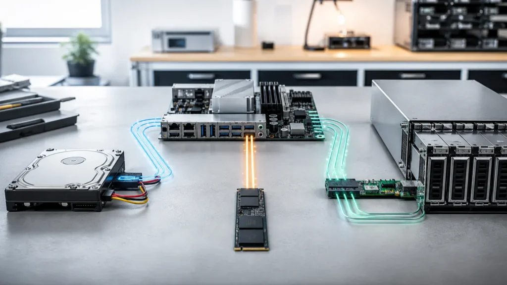 A bright editorial homelab scene showing one host branching into SATA, NVMe, and SAS storage paths.