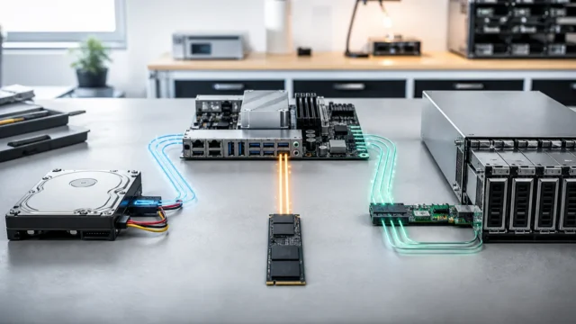 A bright editorial homelab scene showing one host branching into SATA, NVMe, and SAS storage paths.