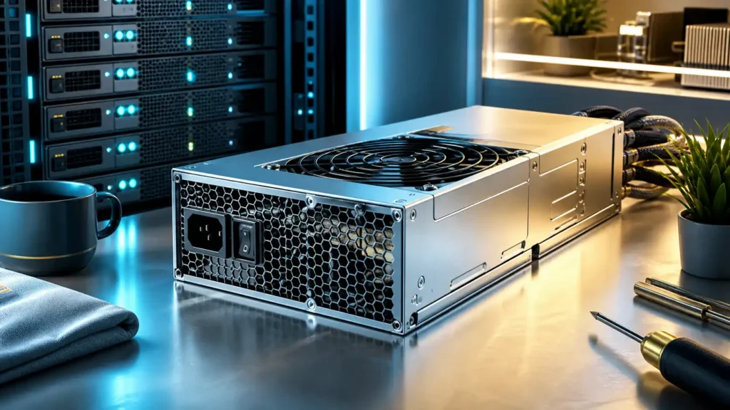 A bright editorial server-hardware scene centered on premium power supplies and low-load efficiency behavior.