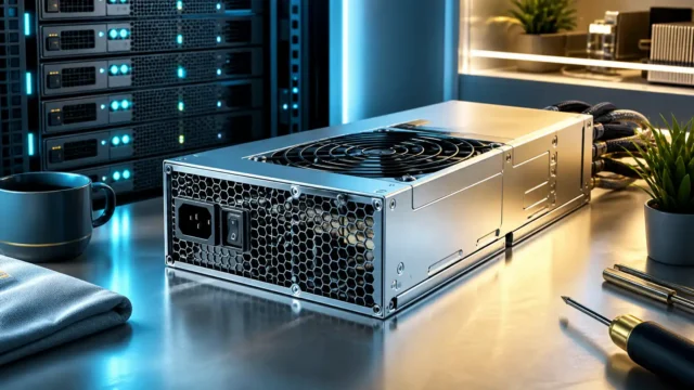 A bright editorial server-hardware scene centered on premium power supplies and low-load efficiency behavior.
