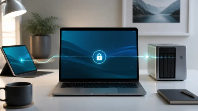 A bright editorial Linux workspace showing a secure remote connection between devices for SSH access.