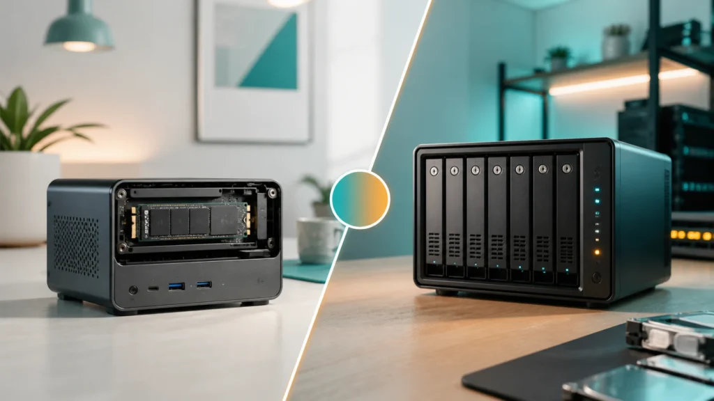 A split editorial homelab scene showing a compact single-drive node beside a multi-bay storage array.