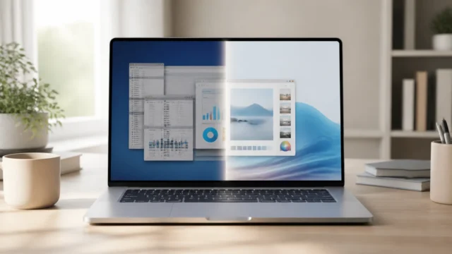 A bright editorial desk scene showing a smooth transition from a Windows-style workflow to a Mac-style workspace.