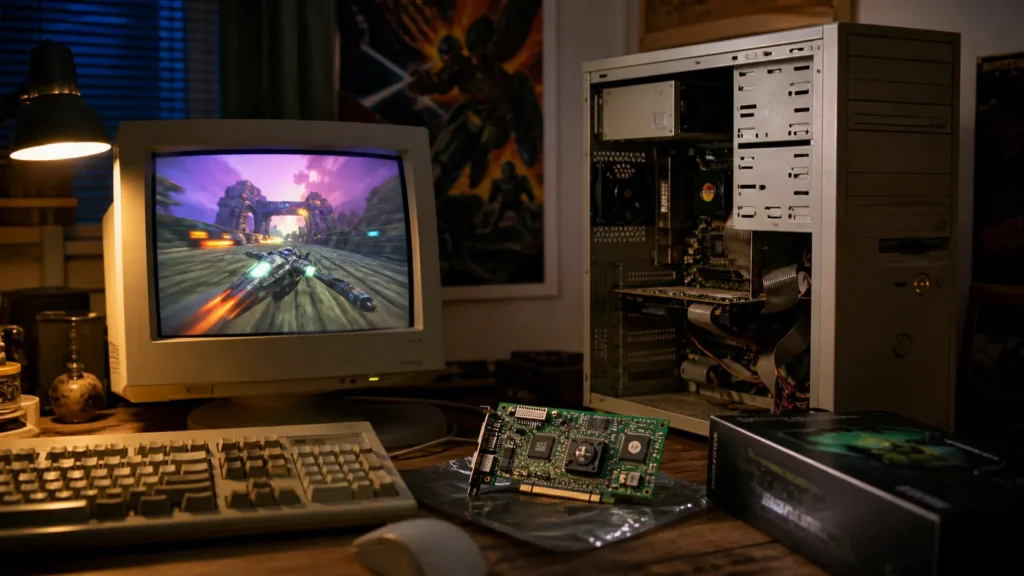 A late-1990s gaming desk with a CRT monitor showing an early 3D scene beside period-correct graphics hardware.