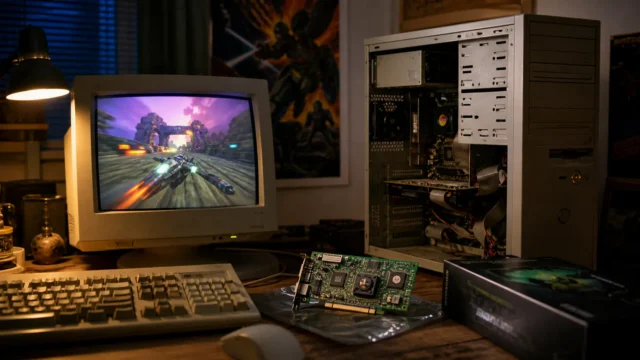 A late-1990s gaming desk with a CRT monitor showing an early 3D scene beside period-correct graphics hardware.