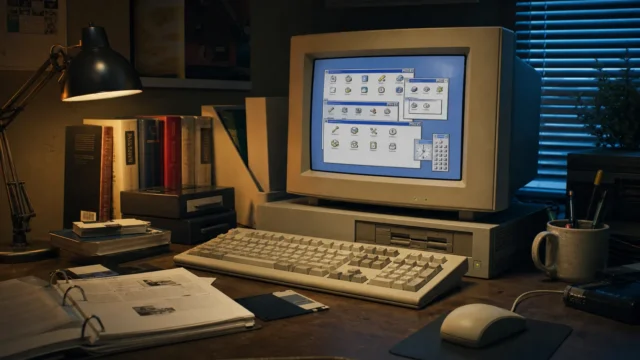 A beige CRT PC on an early-1990s desk showing a Program Manager-style interface with grouped utility windows.