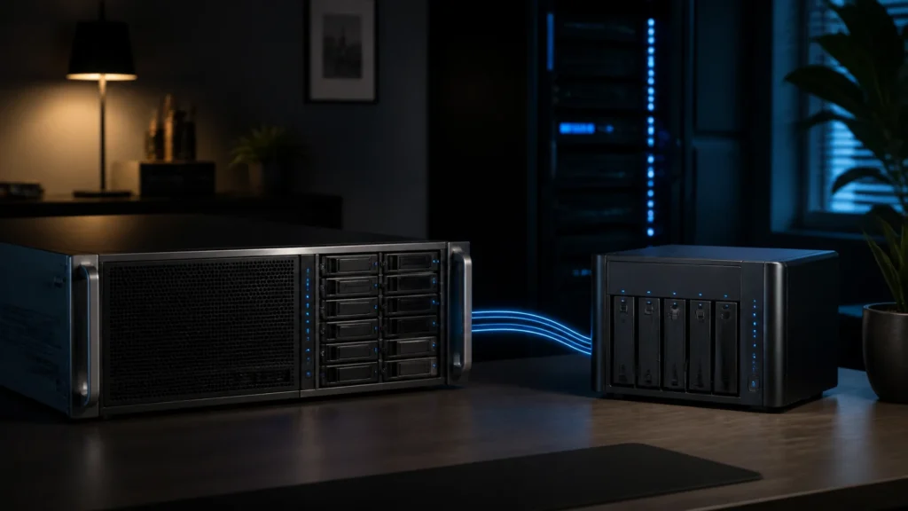 A dark editorial homelab scene showing a primary server linked cleanly to a dedicated backup system.