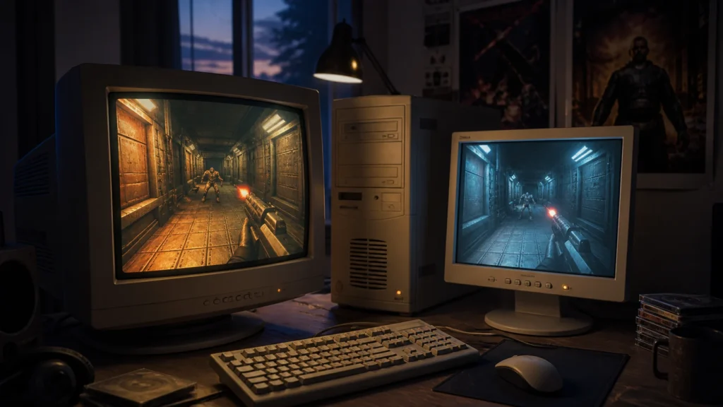 An early-2000s desk showing a bulky CRT and an early LCD monitor side by side.