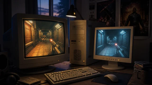 An early-2000s desk showing a bulky CRT and an early LCD monitor side by side.