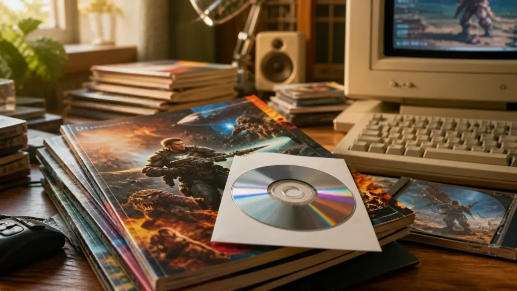 A stack of gaming magazines and a reflective demo CD on a late-1990s PC desk beside a CRT monitor.